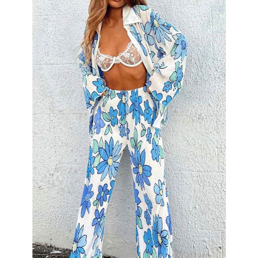 Printed Collared Neck Long Sleeve Top and Pants Lounge Set Apparel and Accessories