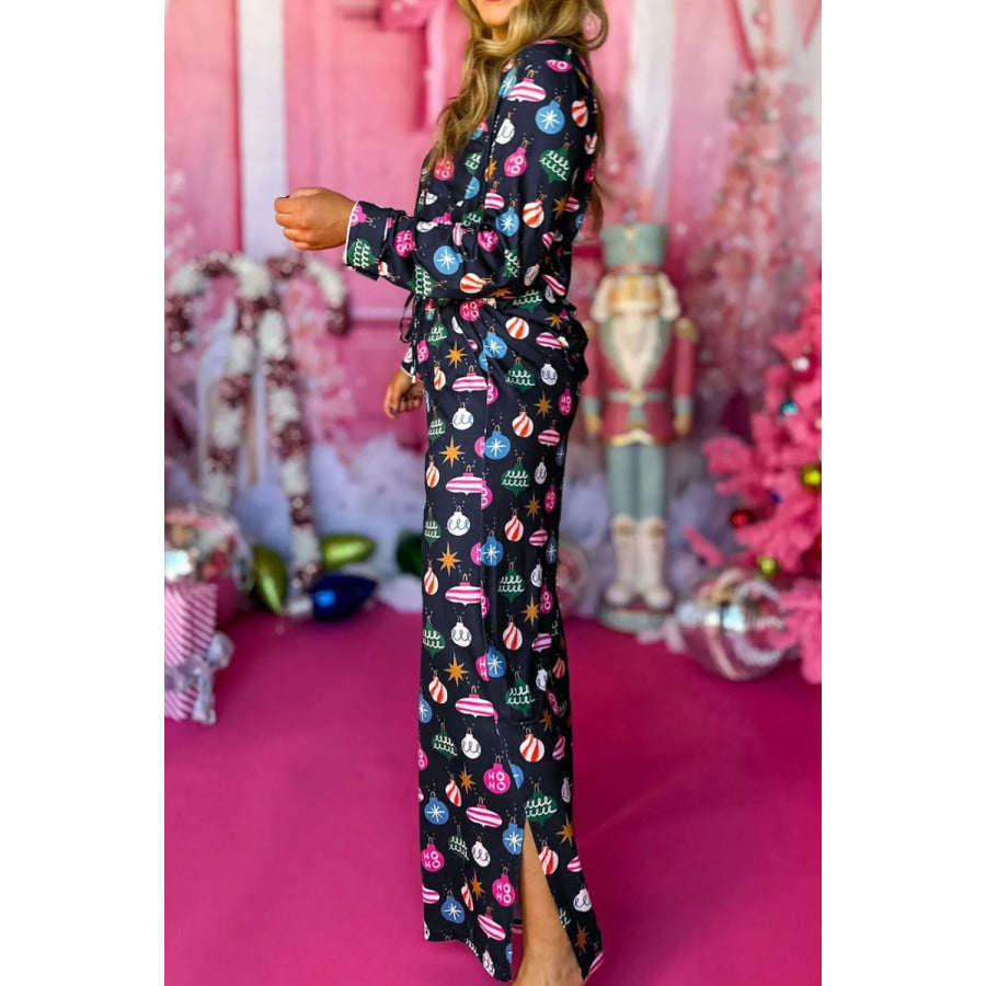 Printed Collared Neck Long Sleeve Top and Pants Lounge Set Apparel and Accessories