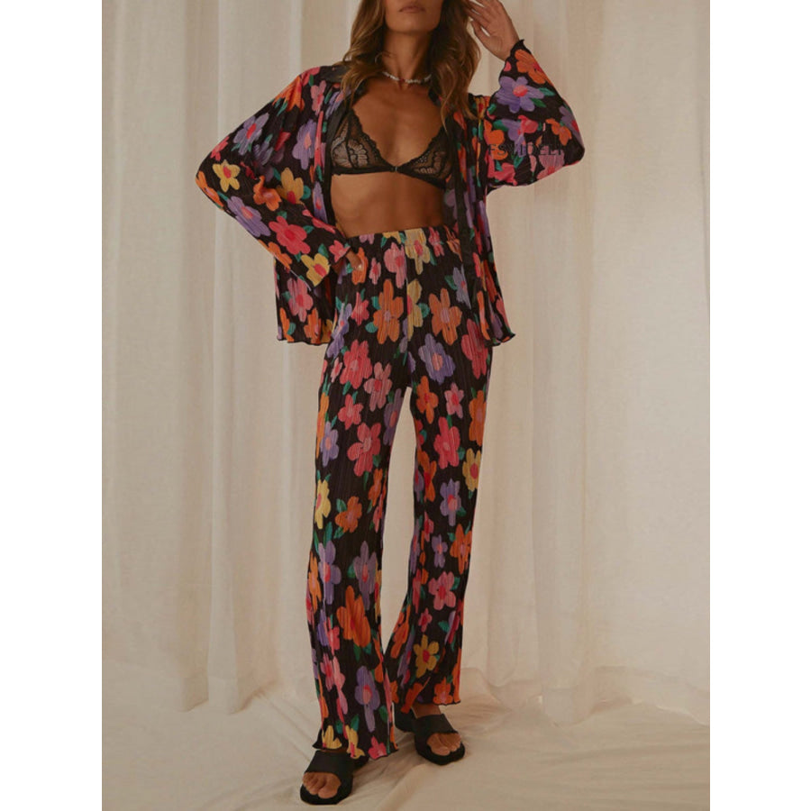 Printed Collared Neck Long Sleeve Top and Pants Lounge Set Apparel and Accessories