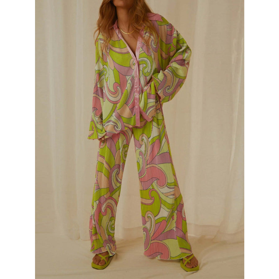 Printed Collared Neck Long Sleeve Top and Pants Lounge Set Apparel and Accessories