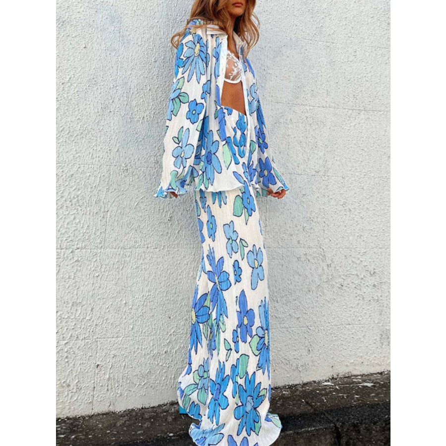 Printed Collared Neck Long Sleeve Top and Pants Lounge Set Blue / S Apparel and Accessories