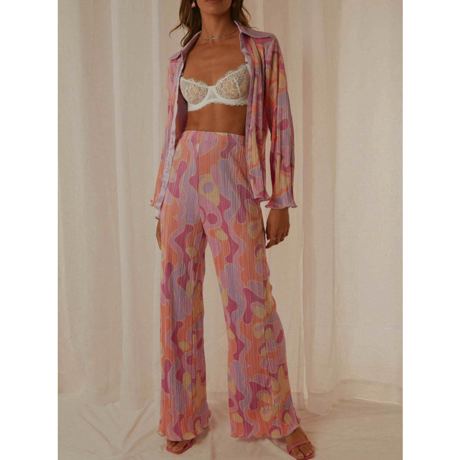 Printed Collared Neck Long Sleeve Top and Pants Lounge Set Deep Rose / S Apparel and Accessories