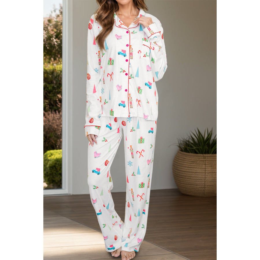 Printed Collared Neck Long Sleeve Top and Pants Lounge Set White / S Apparel and Accessories