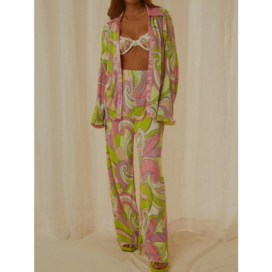 Printed Collared Neck Long Sleeve Top and Pants Lounge Set Yellow-Green / S Apparel and Accessories