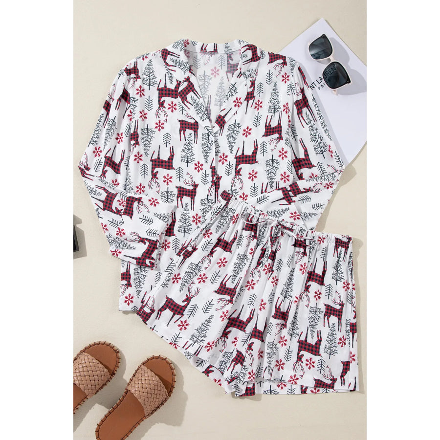 Printed Collared Neck Long Sleeve Top and Shorts Lounge Set White / S Apparel and Accessories