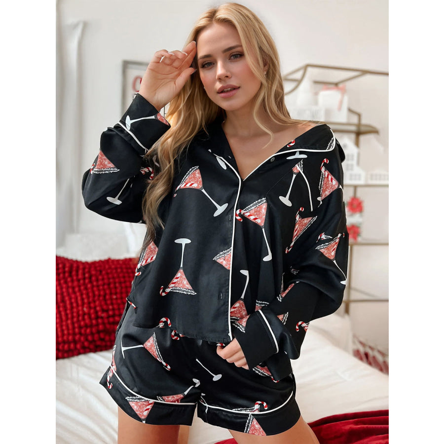 Printed Collared Neck Long Sleeve Top and Shorts Set Apparel and Accessories