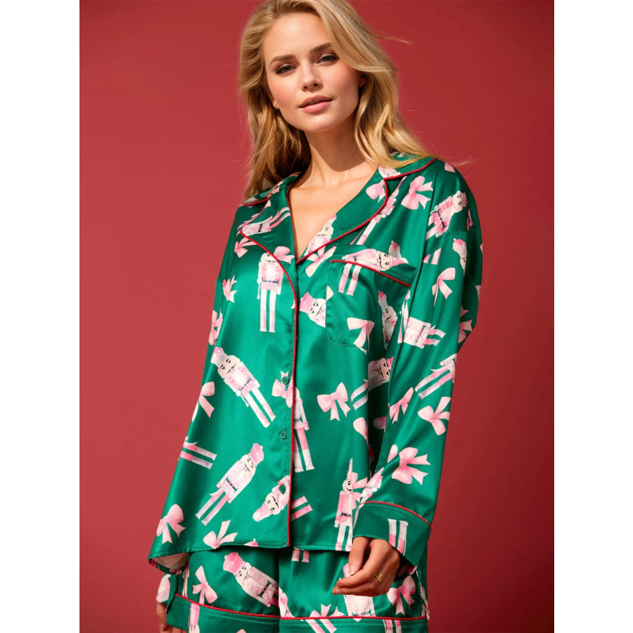 Printed Collared Neck Long Sleeve Top and Shorts Set Dark Green / S Apparel and Accessories