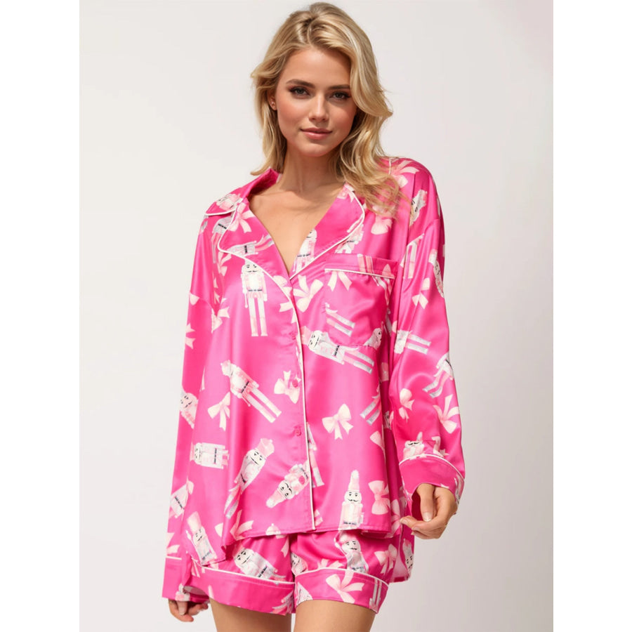 Printed Collared Neck Long Sleeve Top and Shorts Set Apparel and Accessories