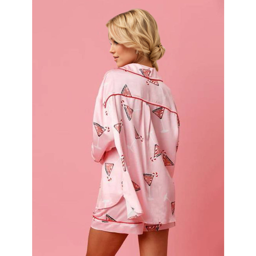 Printed Collared Neck Long Sleeve Top and Shorts Set Apparel and Accessories