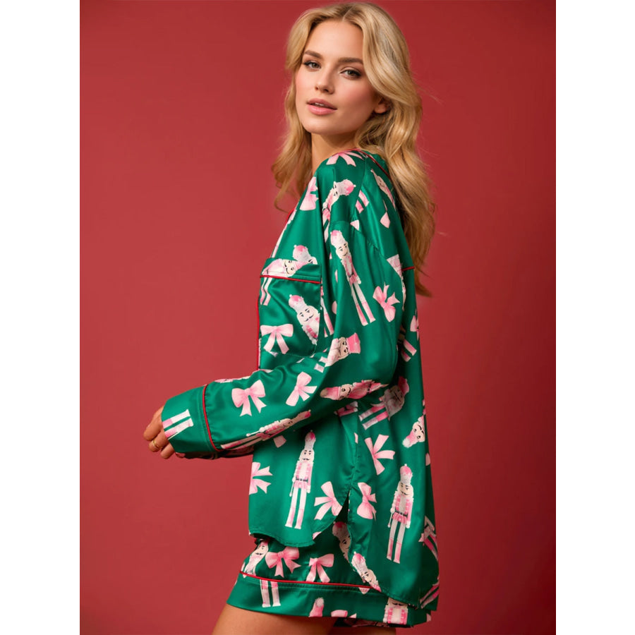 Printed Collared Neck Long Sleeve Top and Shorts Set Apparel and Accessories