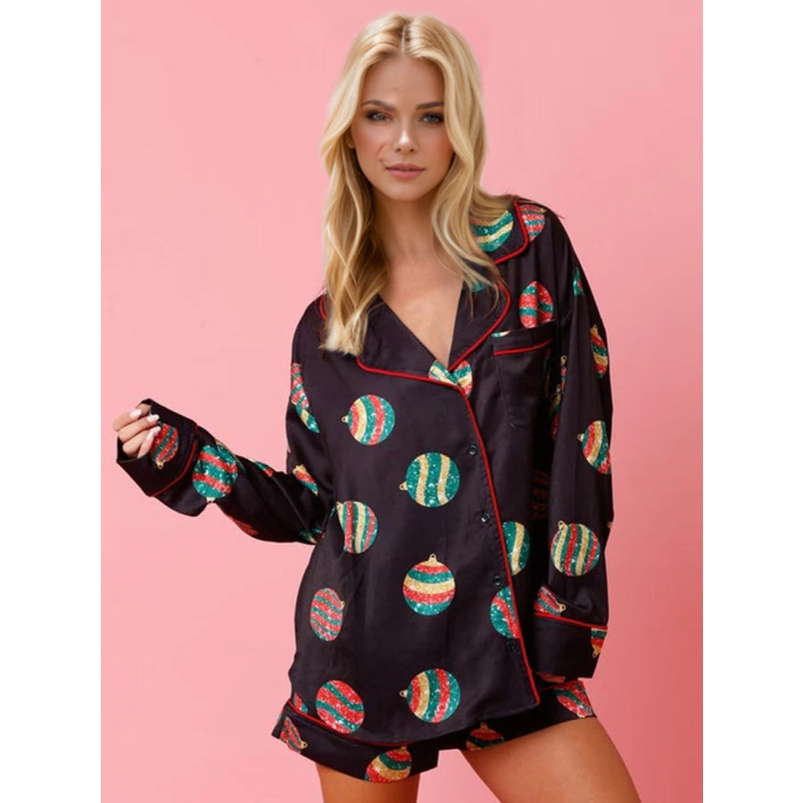 Printed Collared Neck Long Sleeve Top and Shorts Set Apparel and Accessories