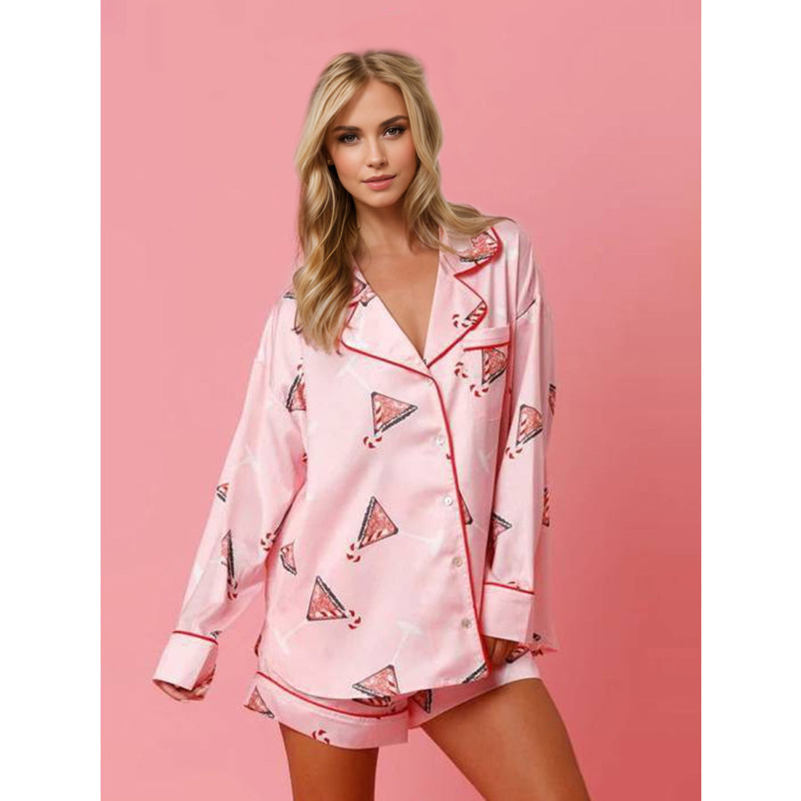 Printed Collared Neck Long Sleeve Top and Shorts Set Blush Pink / S Apparel and Accessories