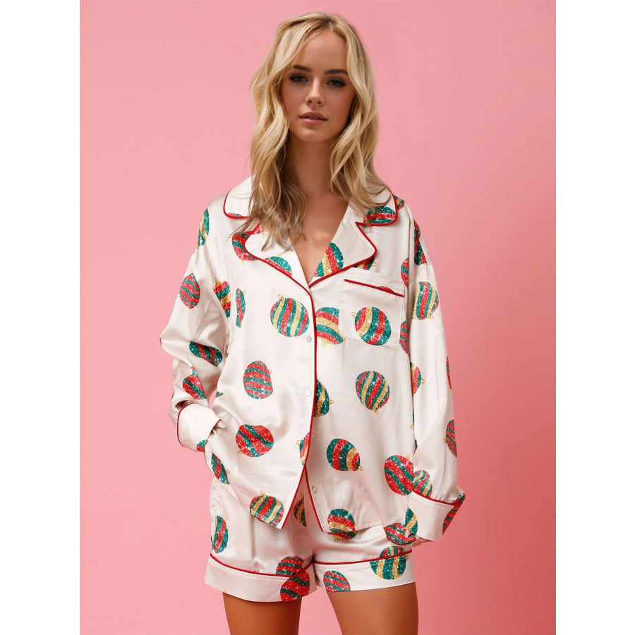 Printed Collared Neck Long Sleeve Top and Shorts Set Cream / S Apparel and Accessories