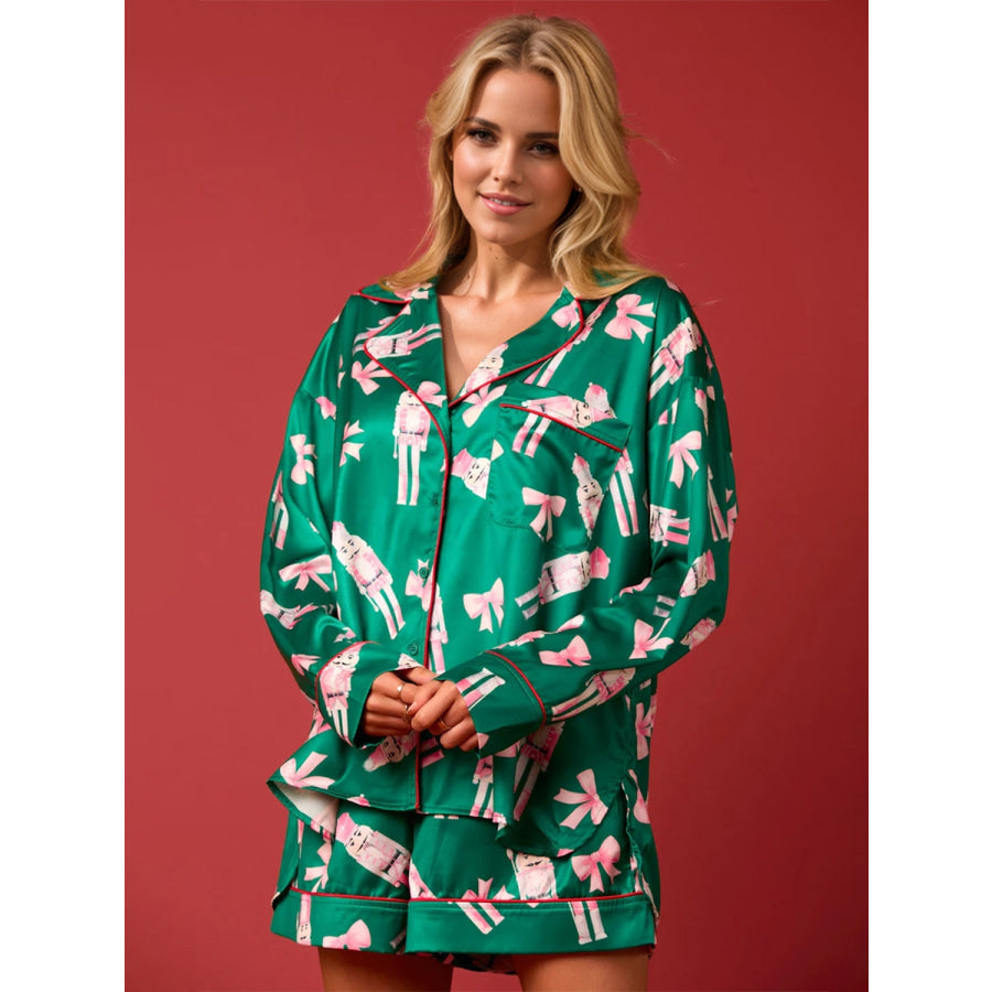 Printed Collared Neck Long Sleeve Top and Shorts Set Dark Green / S Apparel and Accessories