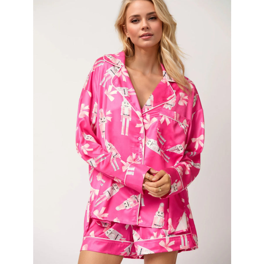 Printed Collared Neck Long Sleeve Top and Shorts Set Fuchsia Pink / S Apparel and Accessories