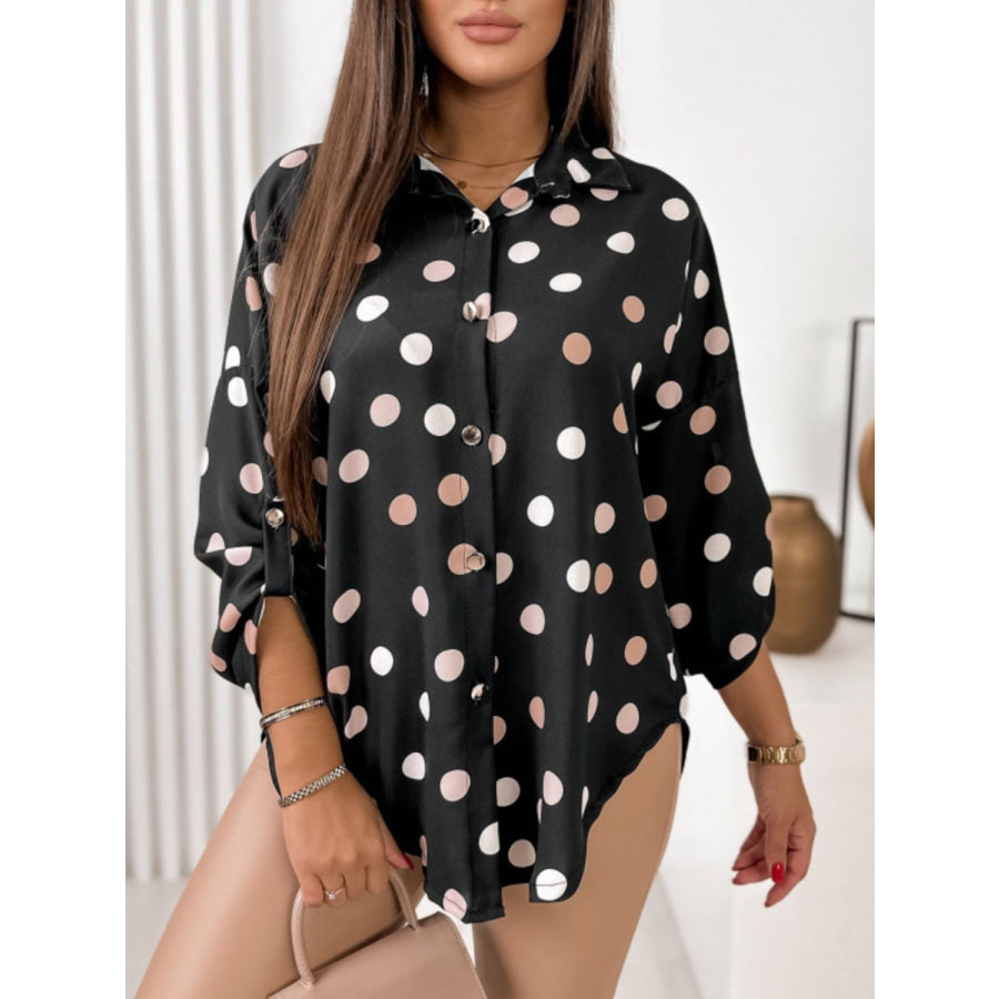 Printed Collared Neck Roll-Tab Sleeve Shirt Apparel and Accessories