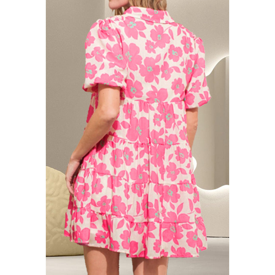 Printed Collared Neck Short Sleeve Mini Dress Apparel and Accessories