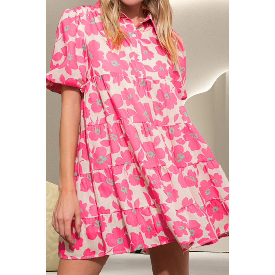 Printed Collared Neck Short Sleeve Mini Dress Strawberry / S Apparel and Accessories