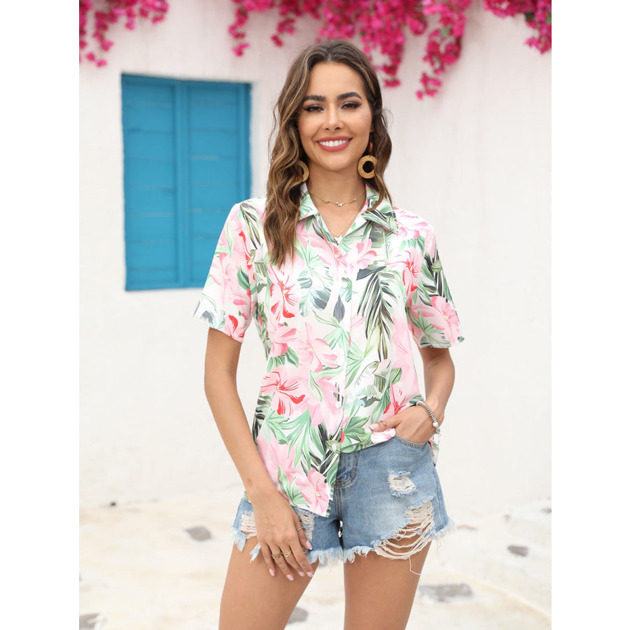 Printed Collared Neck Short Sleeve Shirt Eggshell / S Apparel and Accessories