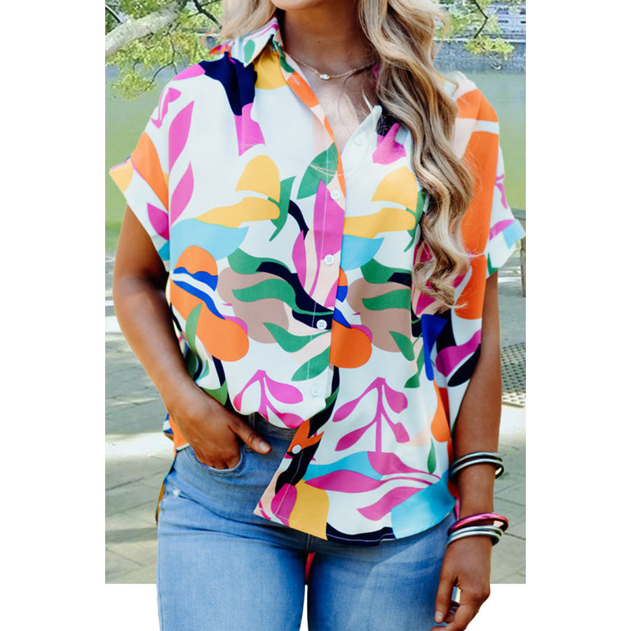 Printed Collared Neck Short Sleeve Shirt Floral / S Apparel and Accessories