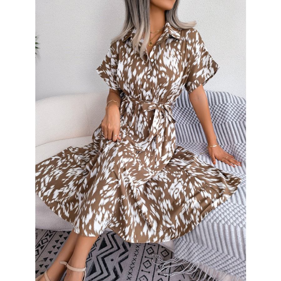 Printed Collared Neck Short Sleeve Tie Waist Dress Taupe / S