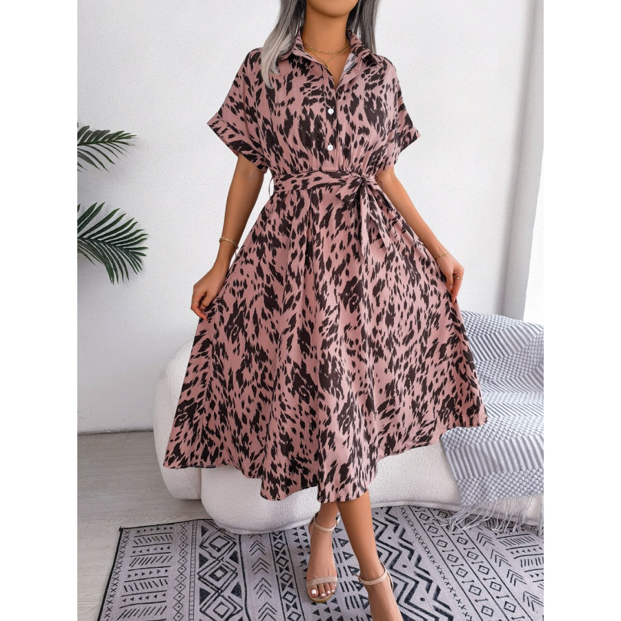 Printed Collared Neck Short Sleeve Tie Waist Dress