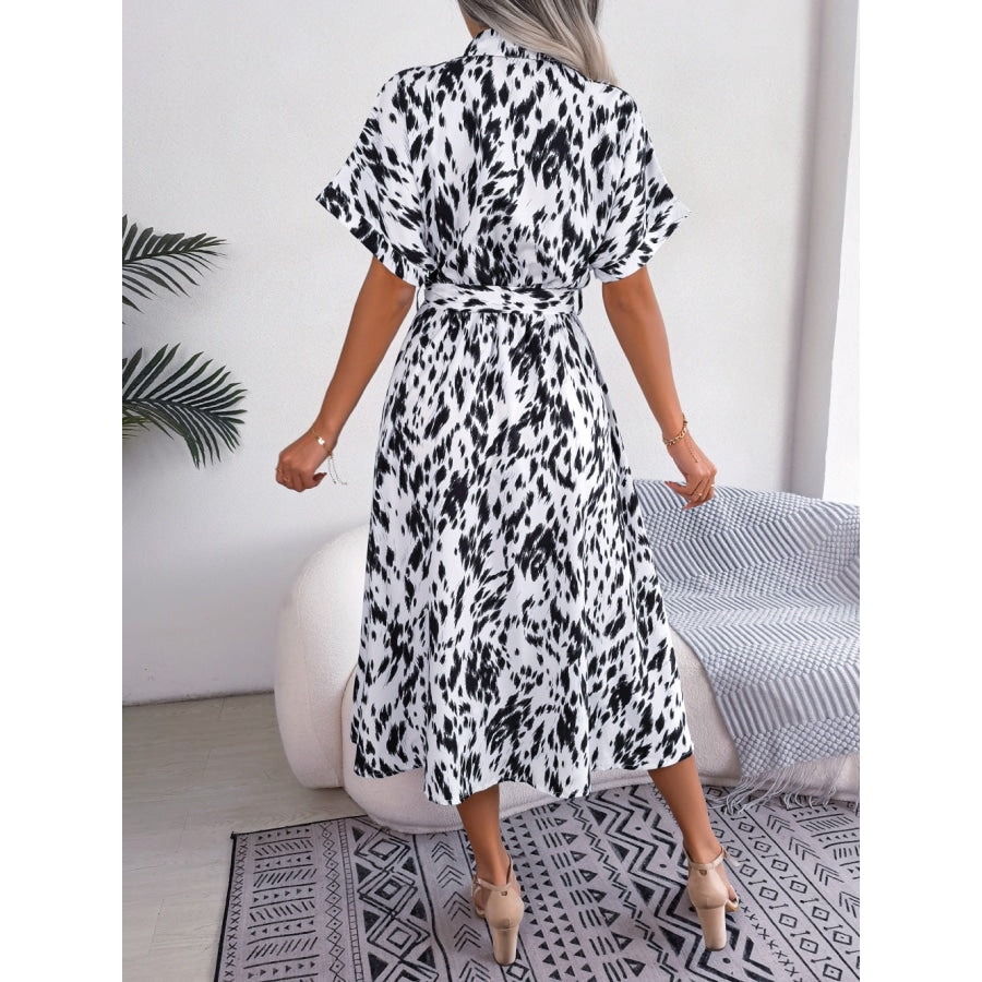 Printed Collared Neck Short Sleeve Tie Waist Dress White / S