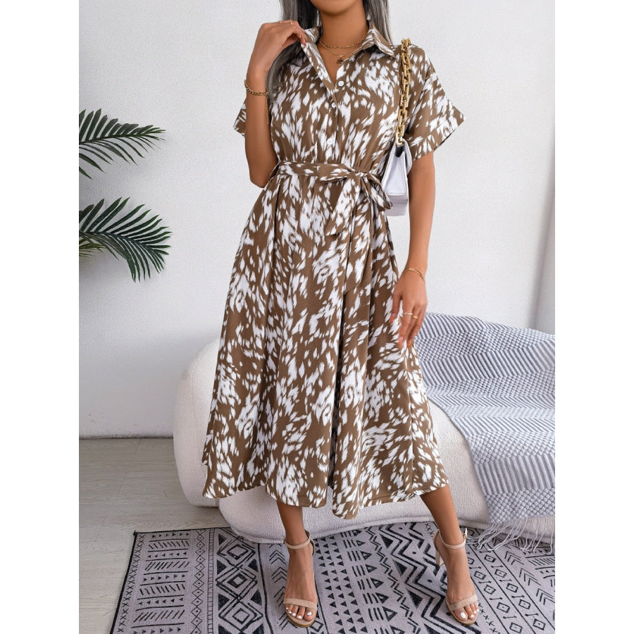 Printed Collared Neck Short Sleeve Tie Waist Dress