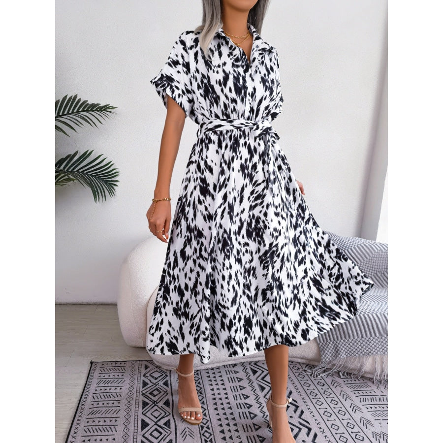 Printed Collared Neck Short Sleeve Tie Waist Dress