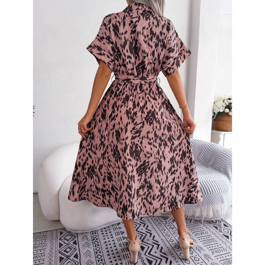 Printed Collared Neck Short Sleeve Tie Waist Dress