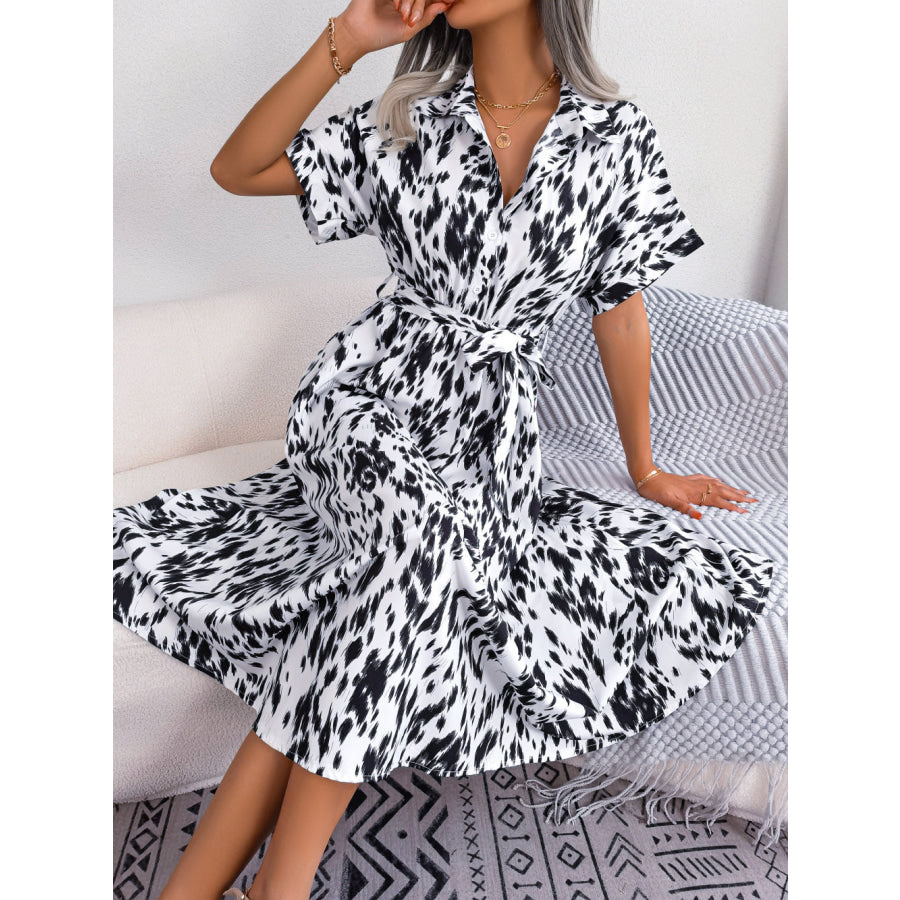 Printed Collared Neck Short Sleeve Tie Waist Dress White / S