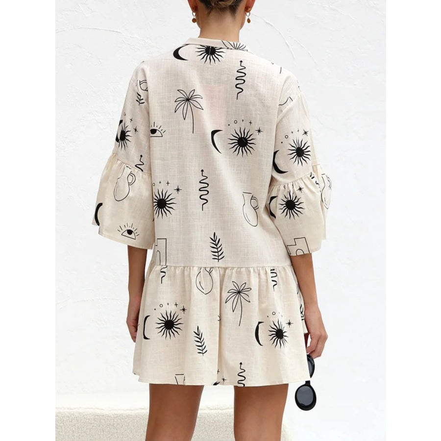 Printed Collared Neck Three-Quarter Sleeve Mini Dress Apparel and Accessories