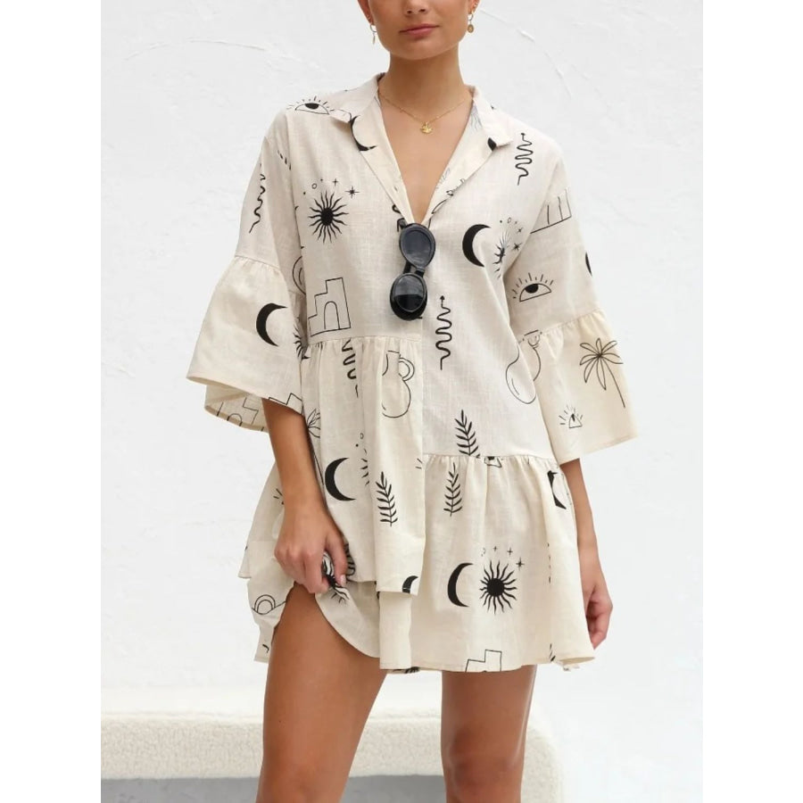 Printed Collared Neck Three-Quarter Sleeve Mini Dress Apparel and Accessories