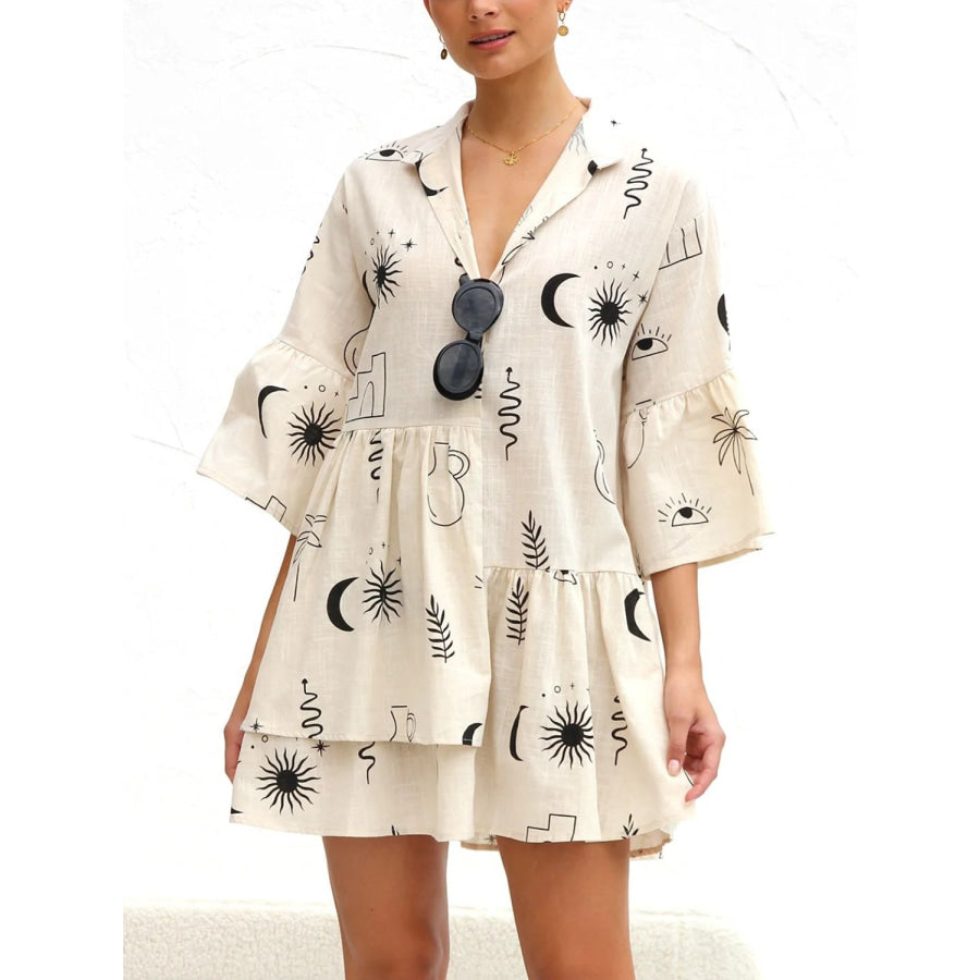 Printed Collared Neck Three-Quarter Sleeve Mini Dress Apparel and Accessories