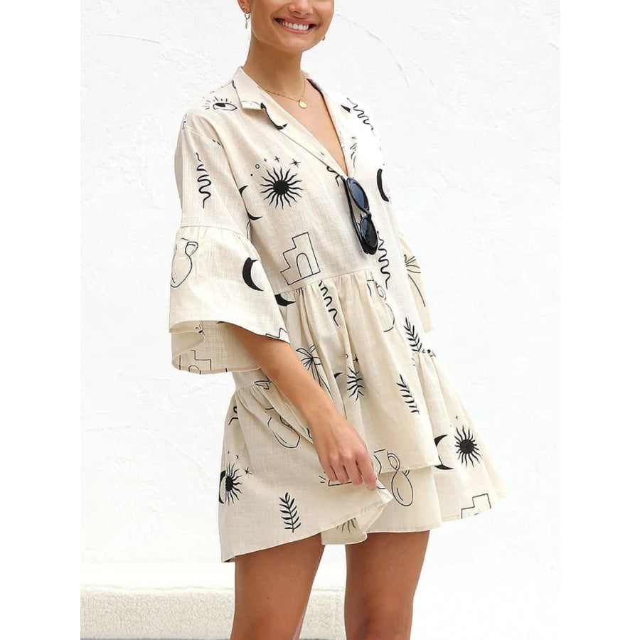 Printed Collared Neck Three-Quarter Sleeve Mini Dress Apparel and Accessories
