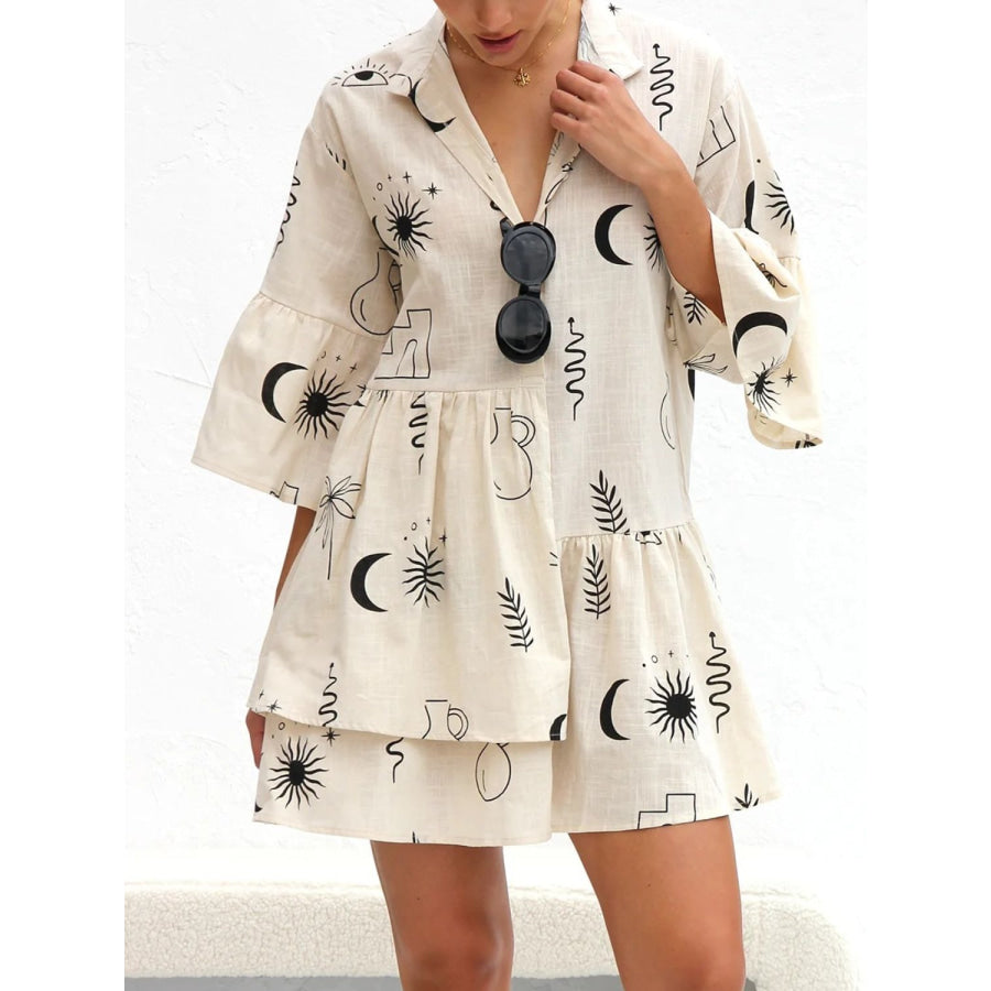Printed Collared Neck Three-Quarter Sleeve Mini Dress Beige / S Apparel and Accessories