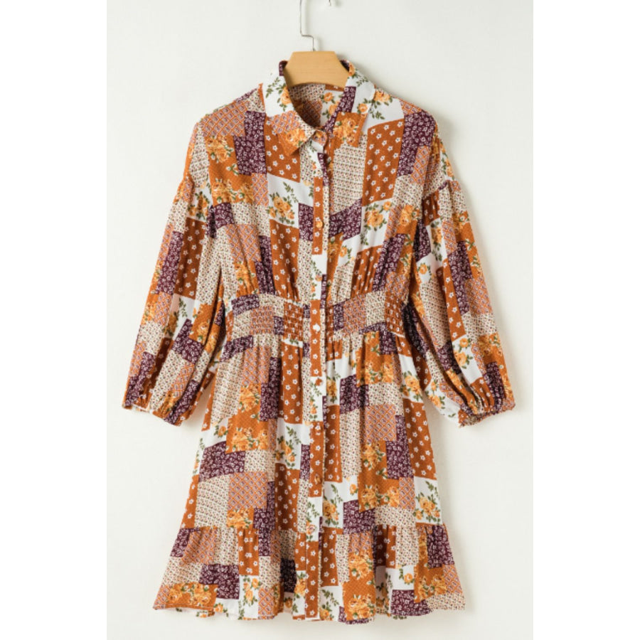 Printed Collared Neck Three-Quarter Sleeve Mini Shirt Dress Apparel and Accessories