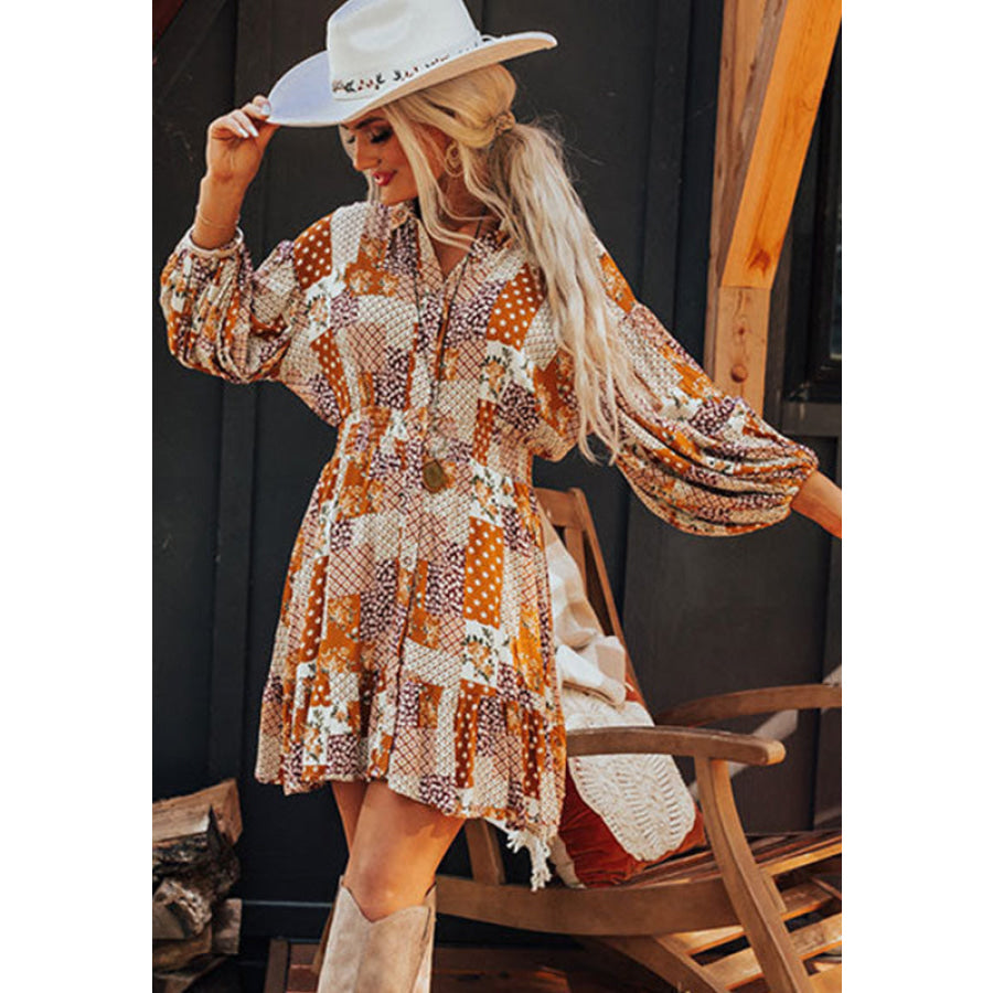 Printed Collared Neck Three-Quarter Sleeve Mini Shirt Dress Apparel and Accessories