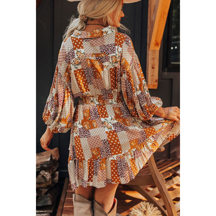 Printed Collared Neck Three-Quarter Sleeve Mini Shirt Dress Apparel and Accessories