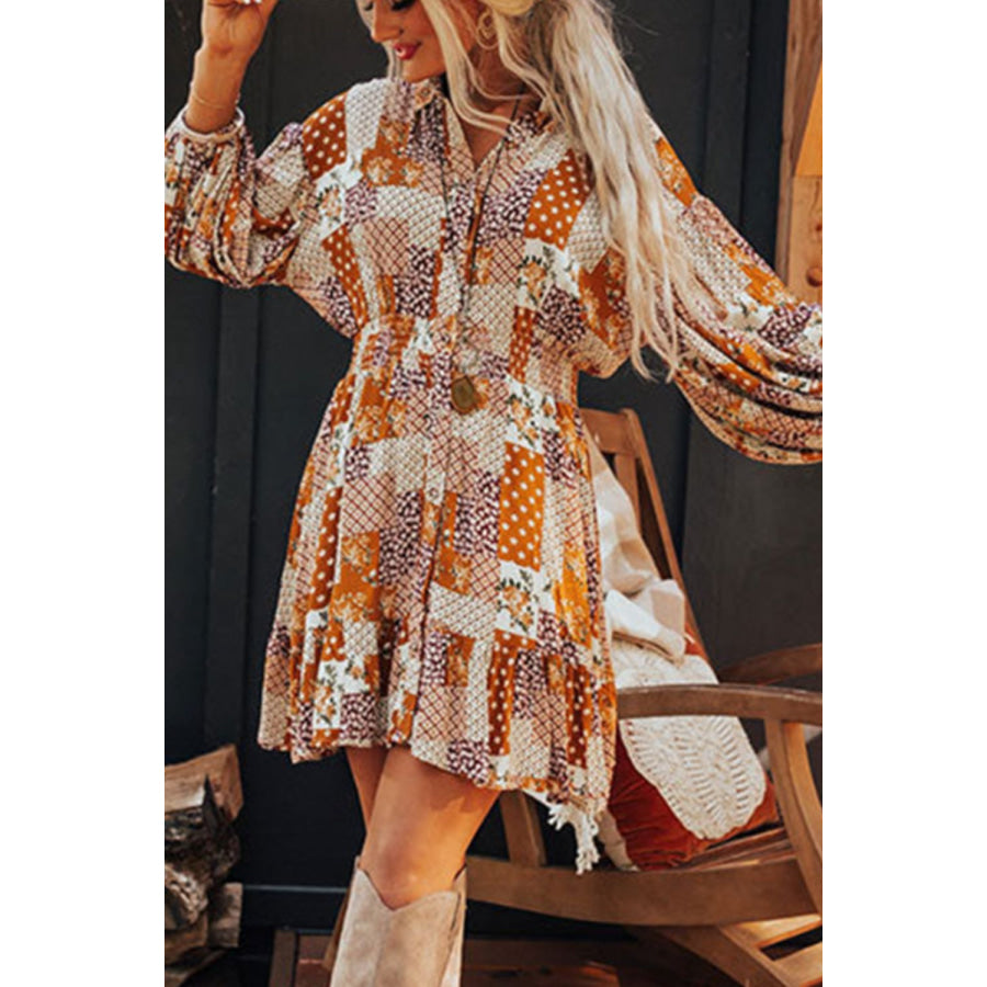 Printed Collared Neck Three-Quarter Sleeve Mini Shirt Dress Tangerine / M Apparel and Accessories