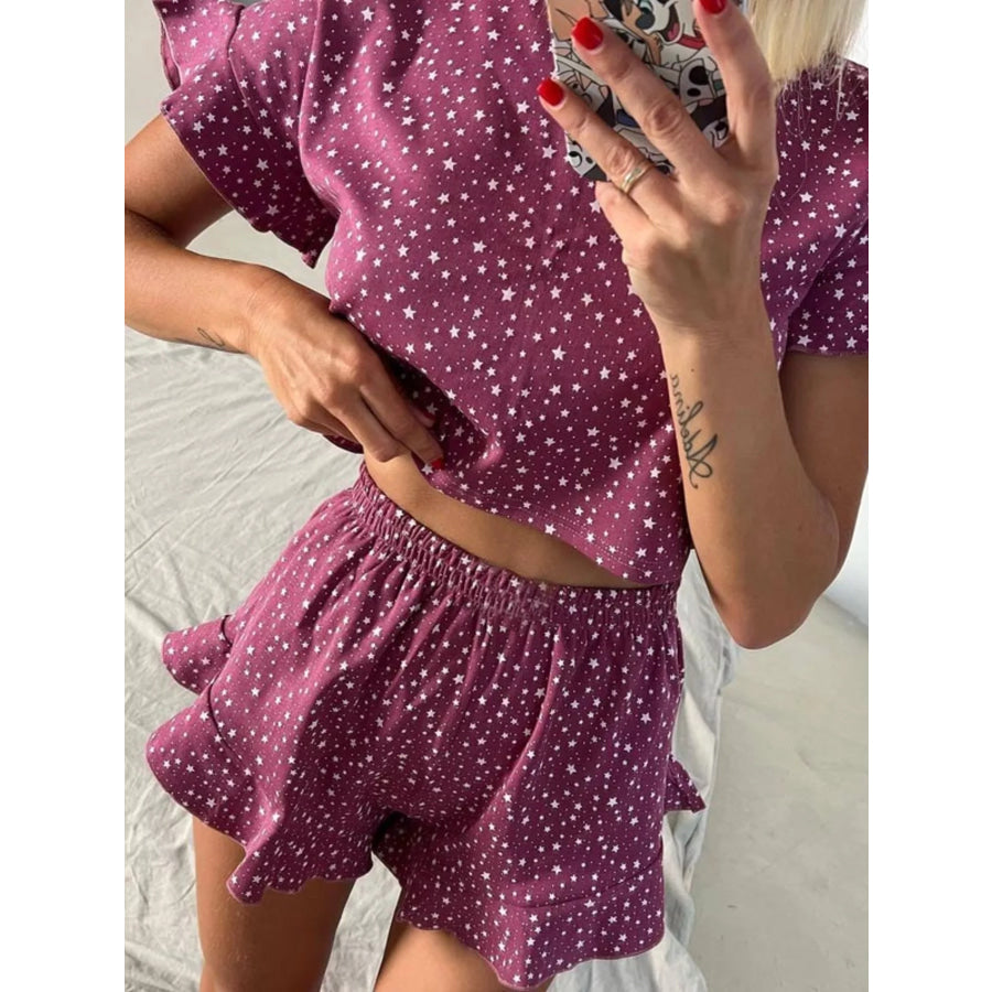Printed Crop Top and Ruffled Shorts Lounge Set Apparel and Accessories