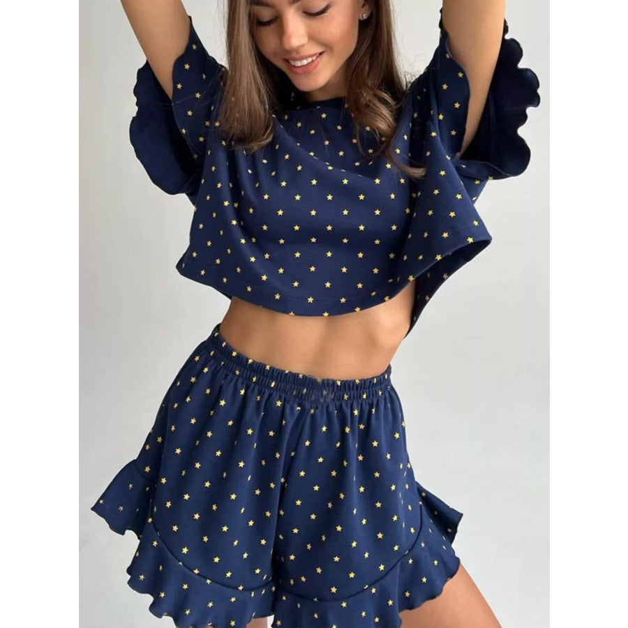 Printed Crop Top and Ruffled Shorts Lounge Set Blue / S Apparel and Accessories