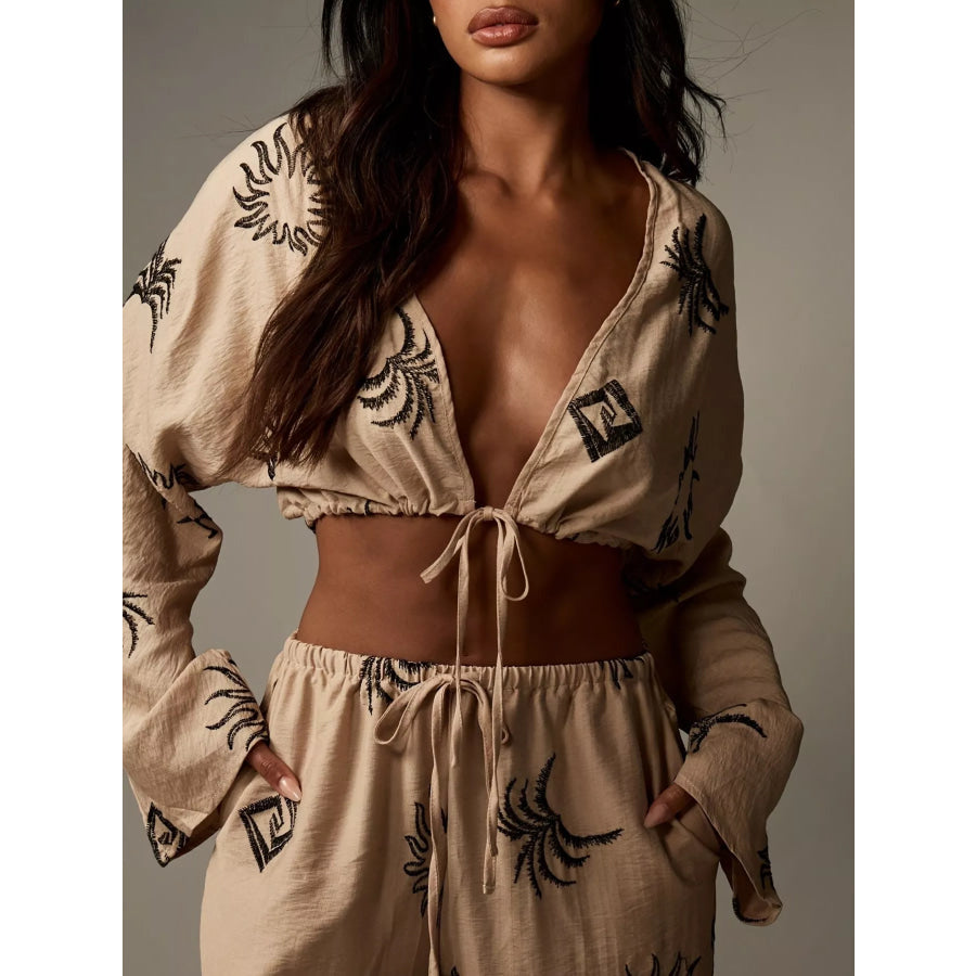 Printed Crop Top and Wide-Leg Pants Set Khaki / S Apparel and Accessories