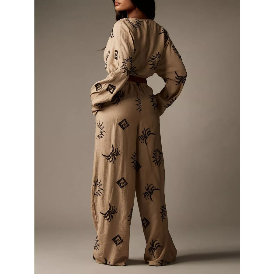 Printed Crop Top and Wide-Leg Pants Set Apparel and Accessories