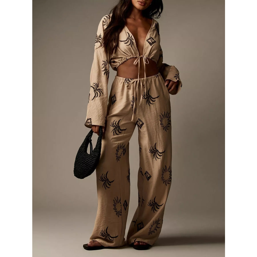 Printed Crop Top and Wide-Leg Pants Set Khaki / S Apparel and Accessories