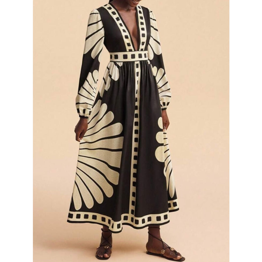 Printed Deep V-Neck Long Sleeve Dress Apparel and Accessories