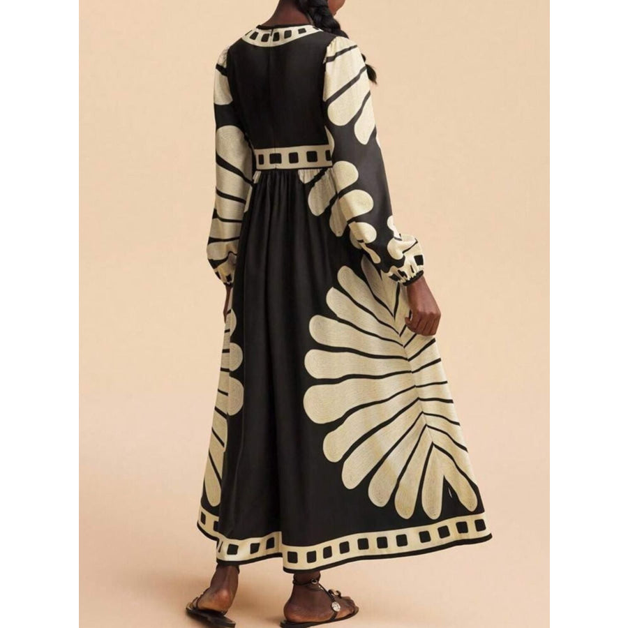 Printed Deep V-Neck Long Sleeve Dress Apparel and Accessories