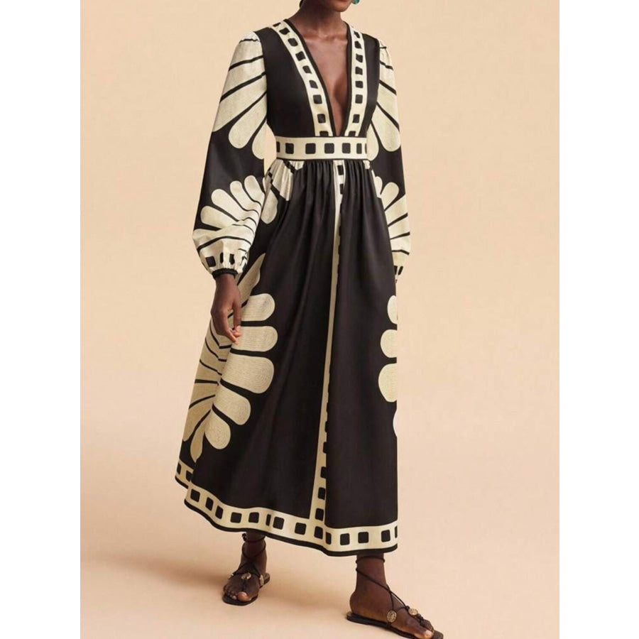 Printed Deep V-Neck Long Sleeve Dress Apparel and Accessories