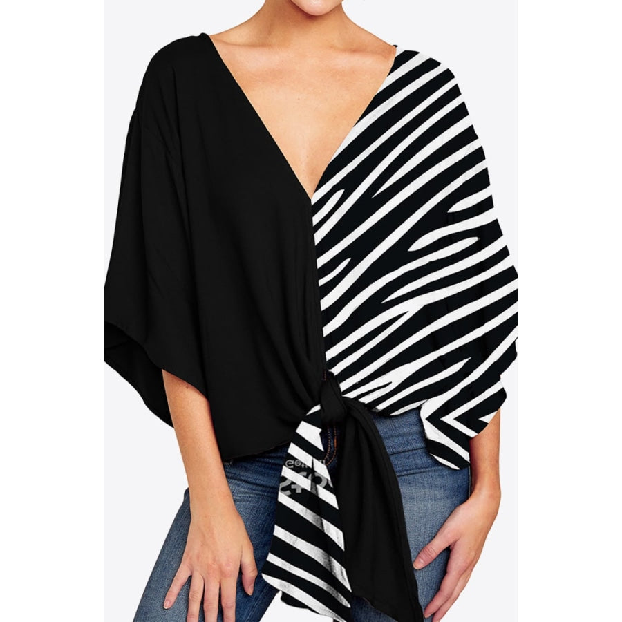 Printed Deep V Tie Hem Blouse Black / S