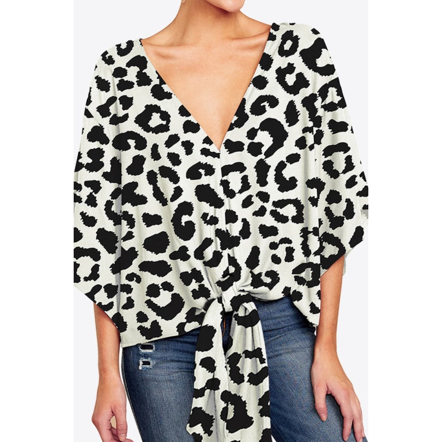 Printed Deep V Tie Hem Blouse Leopard / S